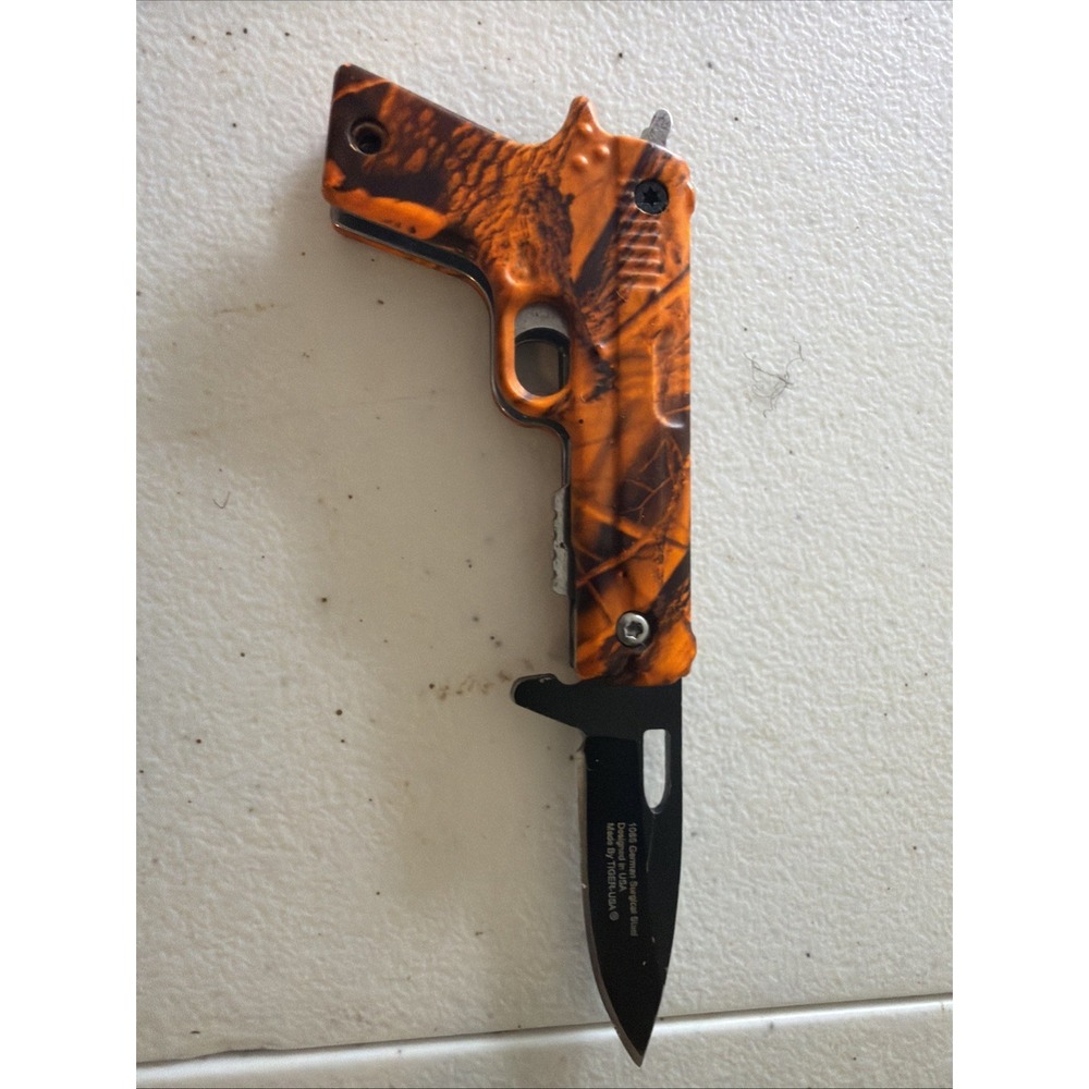 Tiger-USA Pistol Grip Orange Camo Folding Pocketknife Plain Edge Liner Lock Clip